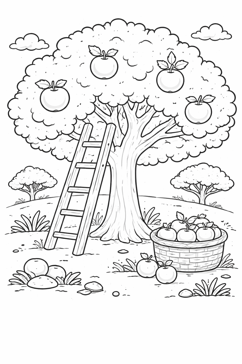 A charming apple tree with lush fruit and a ladder. Features a basket filled with apples ready for children to color. Perfect for kids to explore nature themes while coloring.