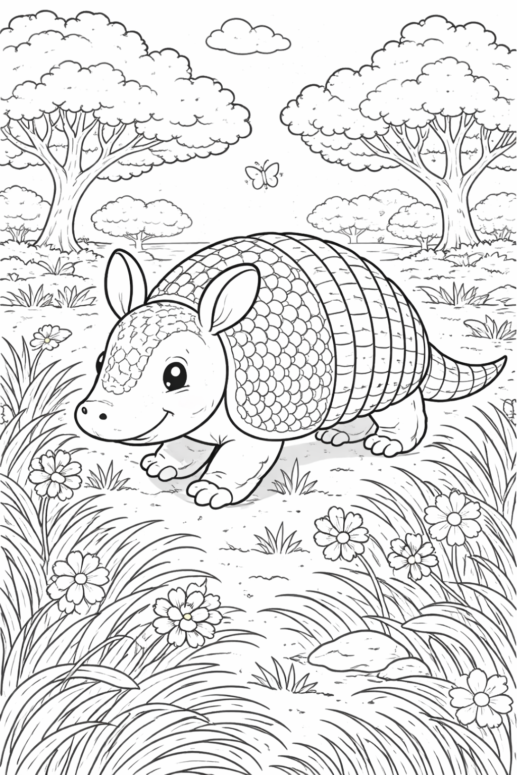 A charming coloring page with an armadillo in a grassy area featuring flowers and trees. Perfect for kids to express creativity and learn about animals.