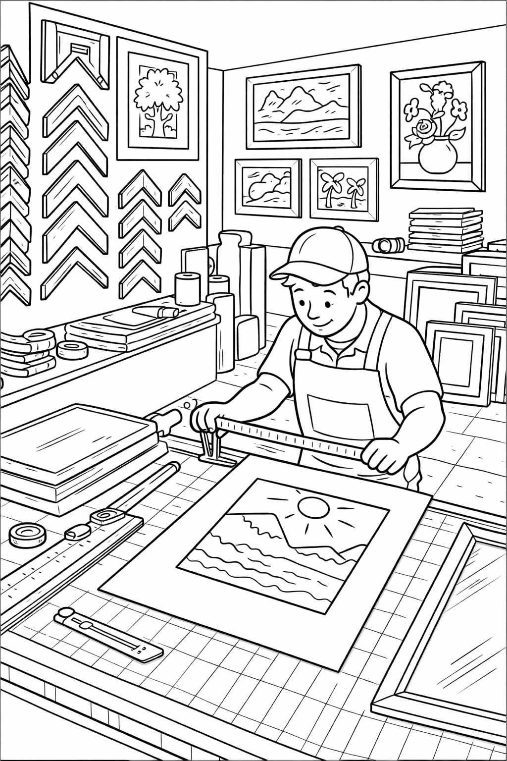 A detailed art studio with an artist measuring a framed picture, surrounded by various tools and paintings. Children will color different studio elements, including frames, tools, and art pieces.