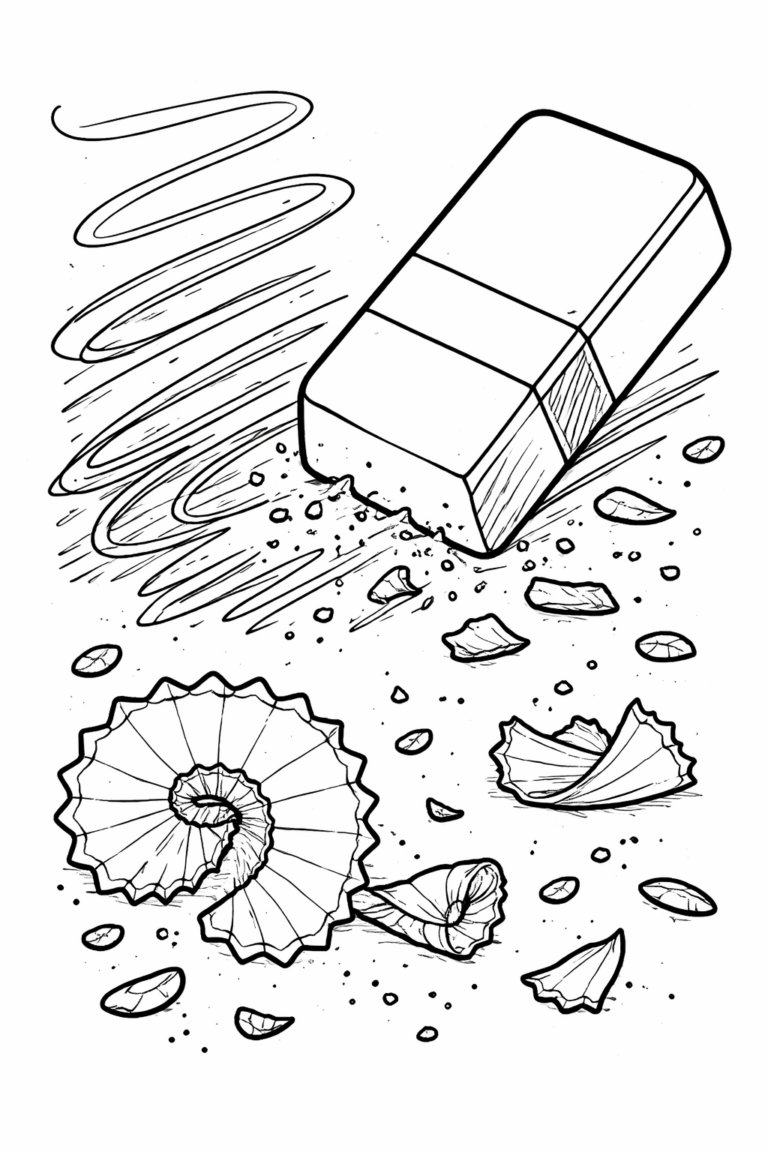 A coloring page displaying an eraser and pencil shavings, where children can use their imagination to add colors, highlighting the theme of art supplies.