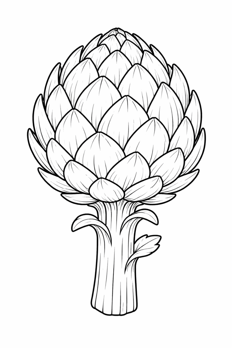 An engaging artichoke coloring page showcasing a detailed outline of an artichoke. Perfect for children to learn and exercise creativity. Ideal for coloring activities, this page invites kids to explore different colors while enhancing their understanding of vegetables.