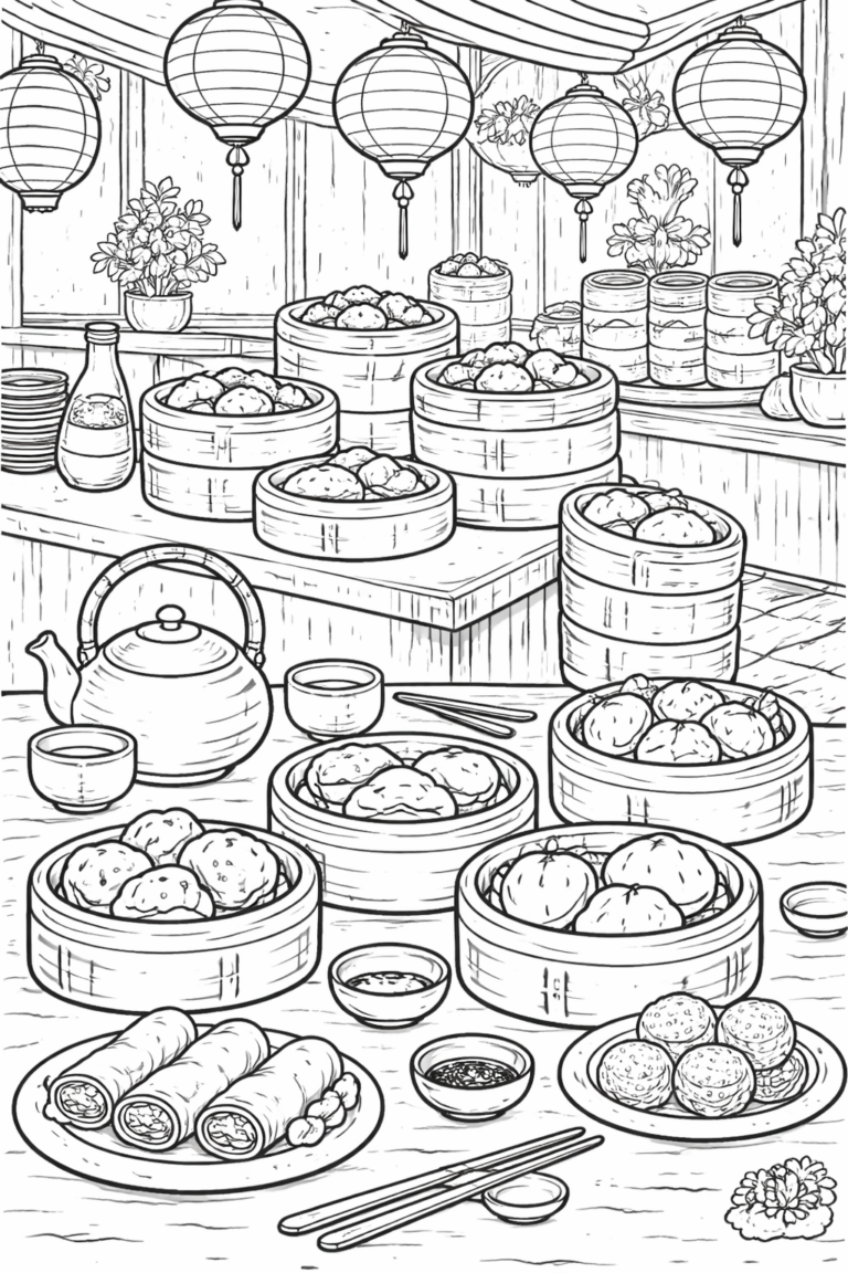 A detailed coloring page of an Asian cuisine scene with dim sum baskets, teapot, spring rolls, chopsticks, and hanging lanterns in a traditional setting.