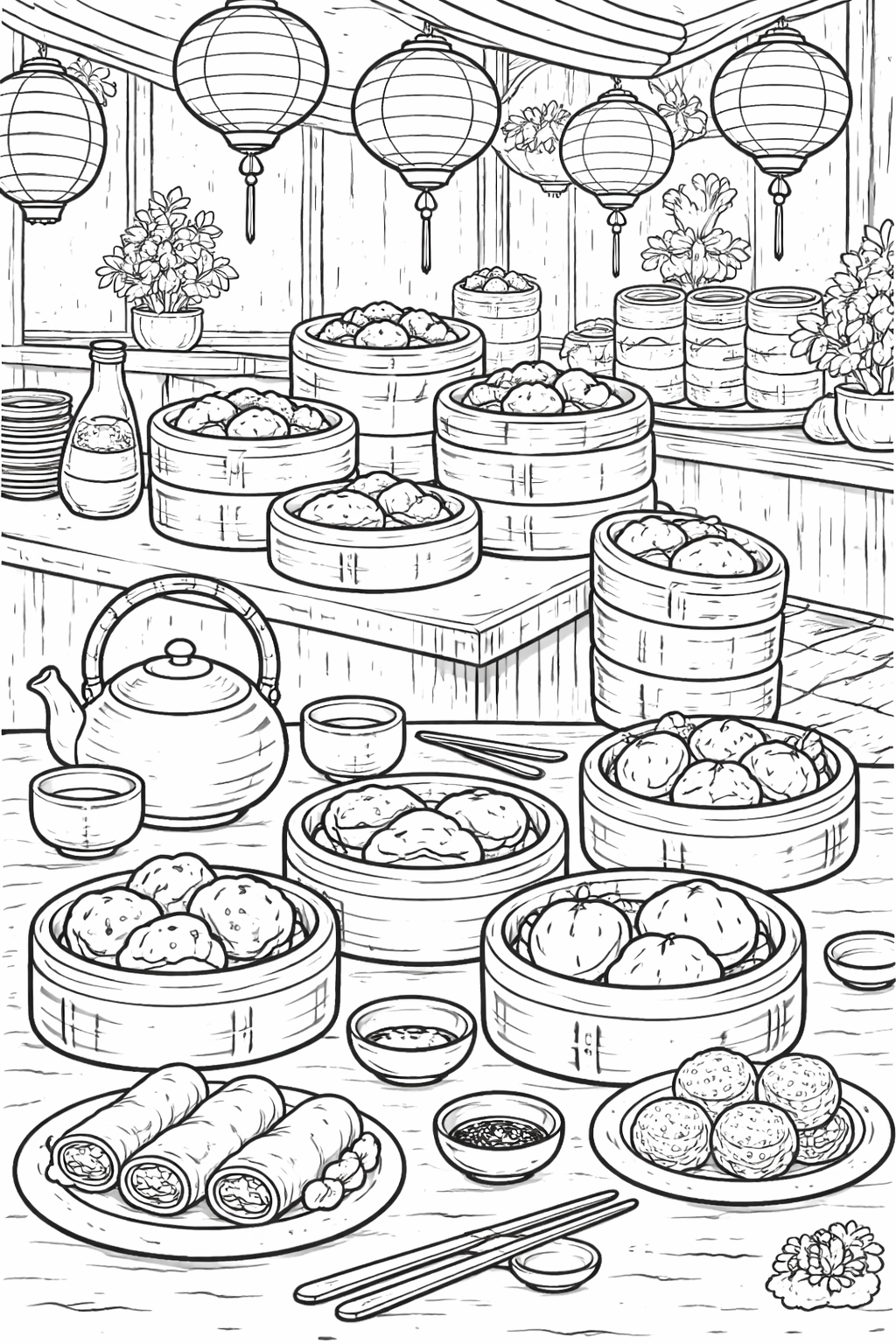 A detailed coloring page of an Asian cuisine scene with dim sum baskets, teapot, spring rolls, chopsticks, and hanging lanterns in a traditional setting.
