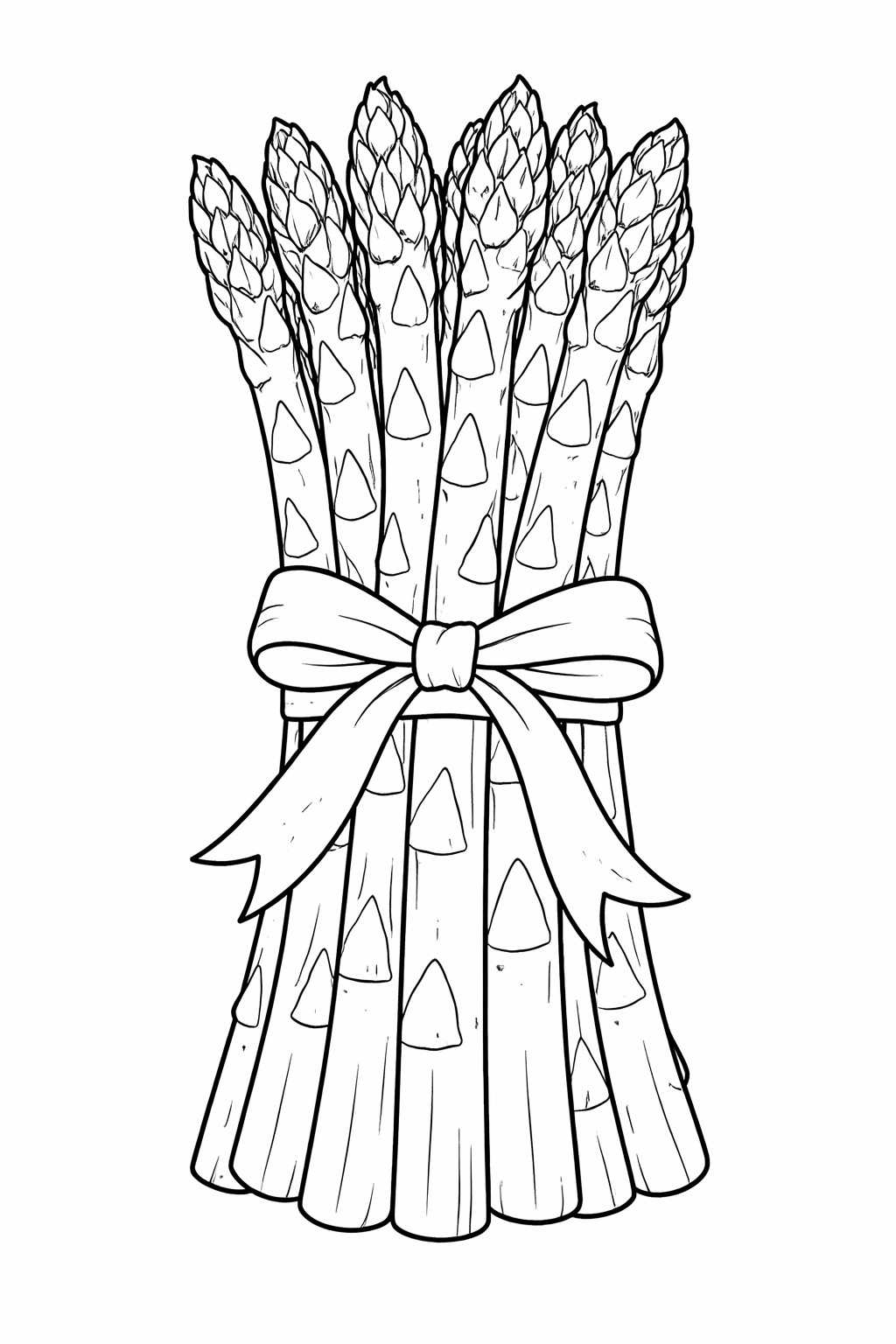 A coloring page showing a bundle of asparagus tied with a bow. Each spear has detailed patterns, making it perfect for kids to color and learn about vegetables in a fun way.