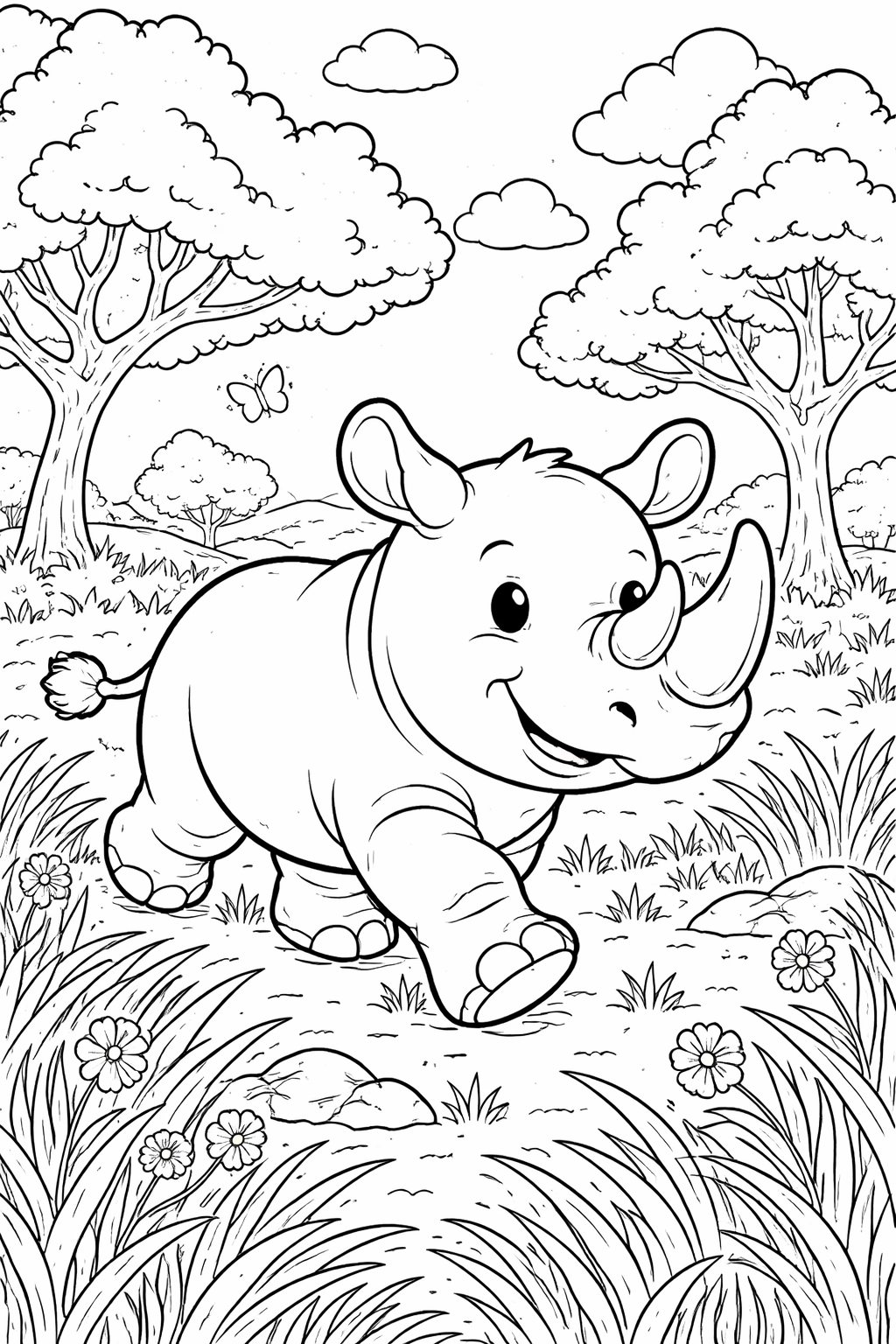A cute baby rhino playfully wandering in a lush environment with trees and flowers. Perfect for children to color and have fun.