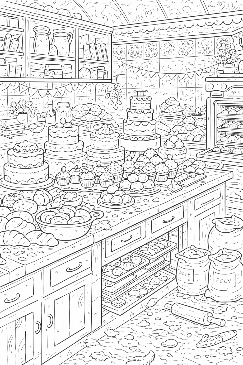 Children's coloring page of a detailed bakery kitchen featuring various cakes, cupcakes, and breads. Shelves and counters full of baking supplies and pastries invite kids to color creatively.