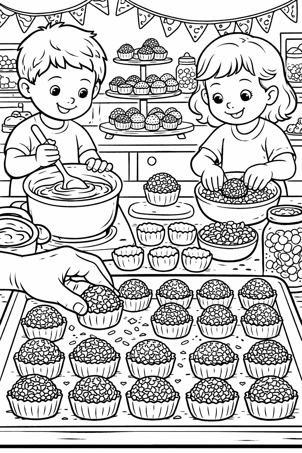 A delightful coloring page featuring two children engaged in baking activities. They mix and shape ingredients while surrounded by an assortment of sweets and treats, offering a fun and educational activity for kids.