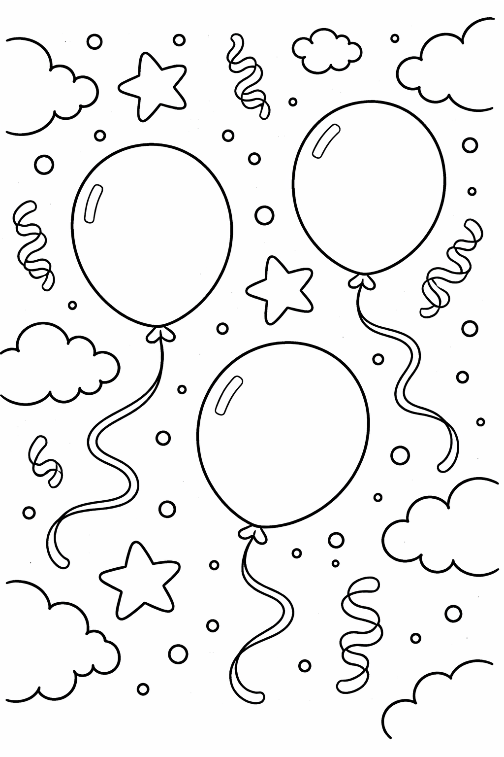 The coloring page displays three cheerful balloons with stars, clouds, and swirls. Children can fill these elements with vibrant colors, unleashing their creativity and enjoying a playful art session.