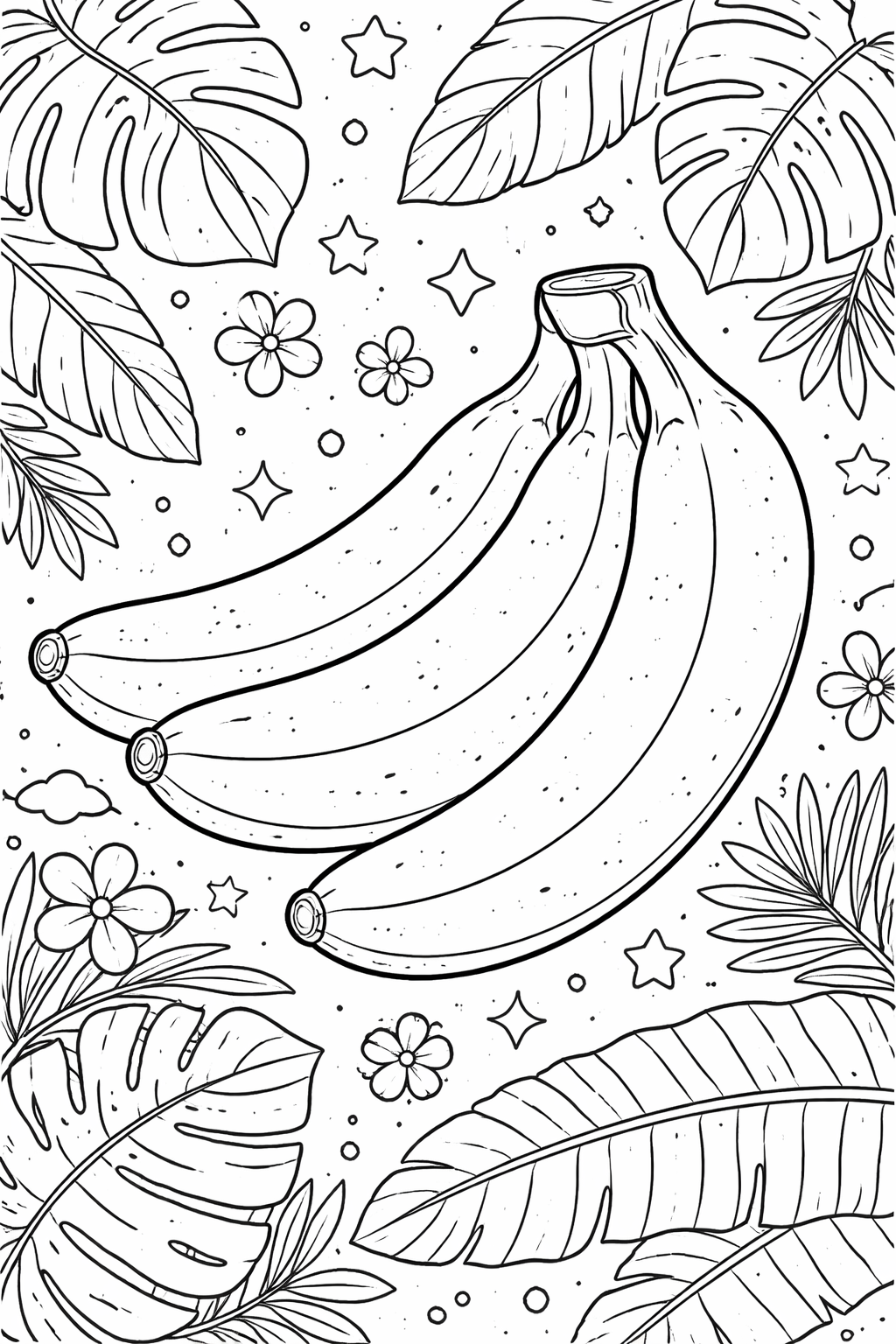 A fun coloring page featuring bananas with tropical leaves and flowers, designed for children to explore creativity and enjoy coloring different elements including stars and dots.