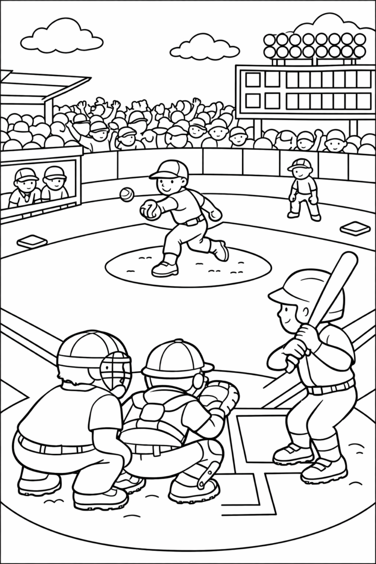 A detailed coloring page featuring a baseball game with players, umpire, and a cheering crowd. Perfect for kids to enjoy and color.