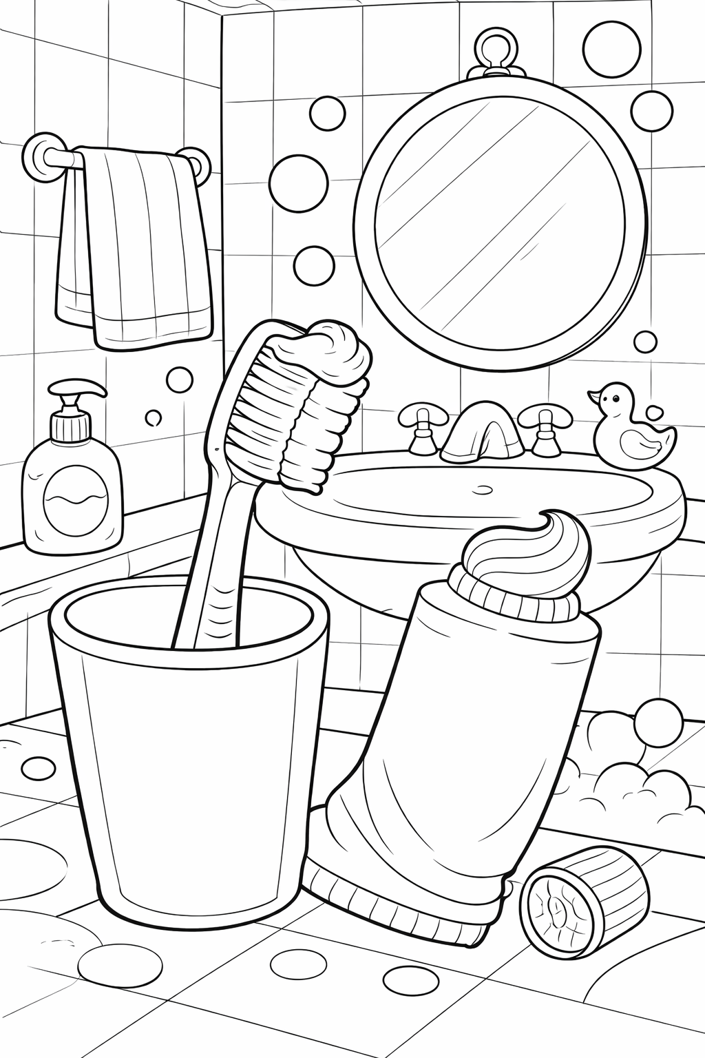 A children's coloring page depicting a bathroom scene with a toothbrush, toothpaste, rubber duck, and round mirror. The page offers elements like a towel and soap bottle, encouraging kids to color creatively and explore different textures and shapes.