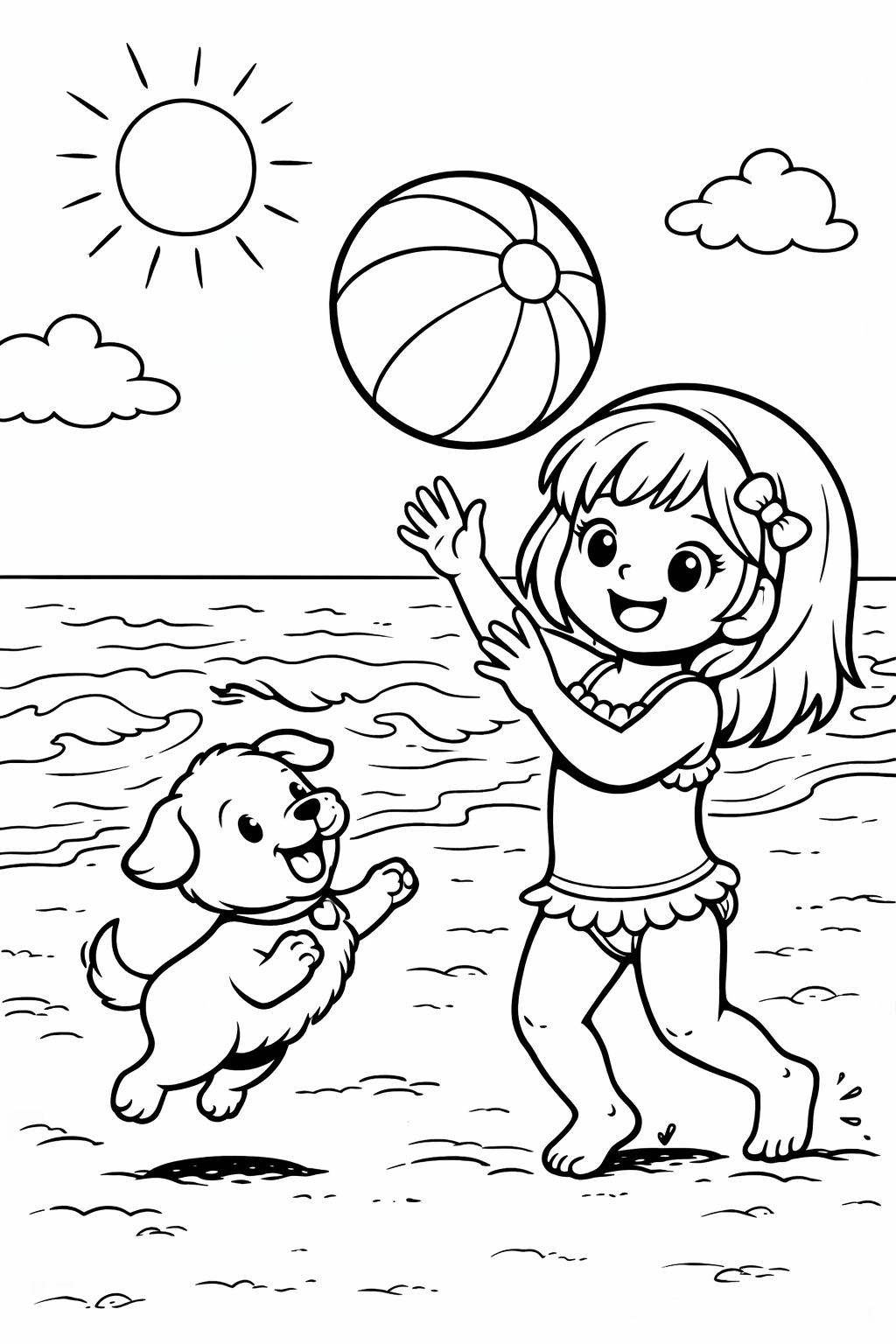 Child and dog playing with a ball on the beach under a sunny sky. Great coloring activity for kids.