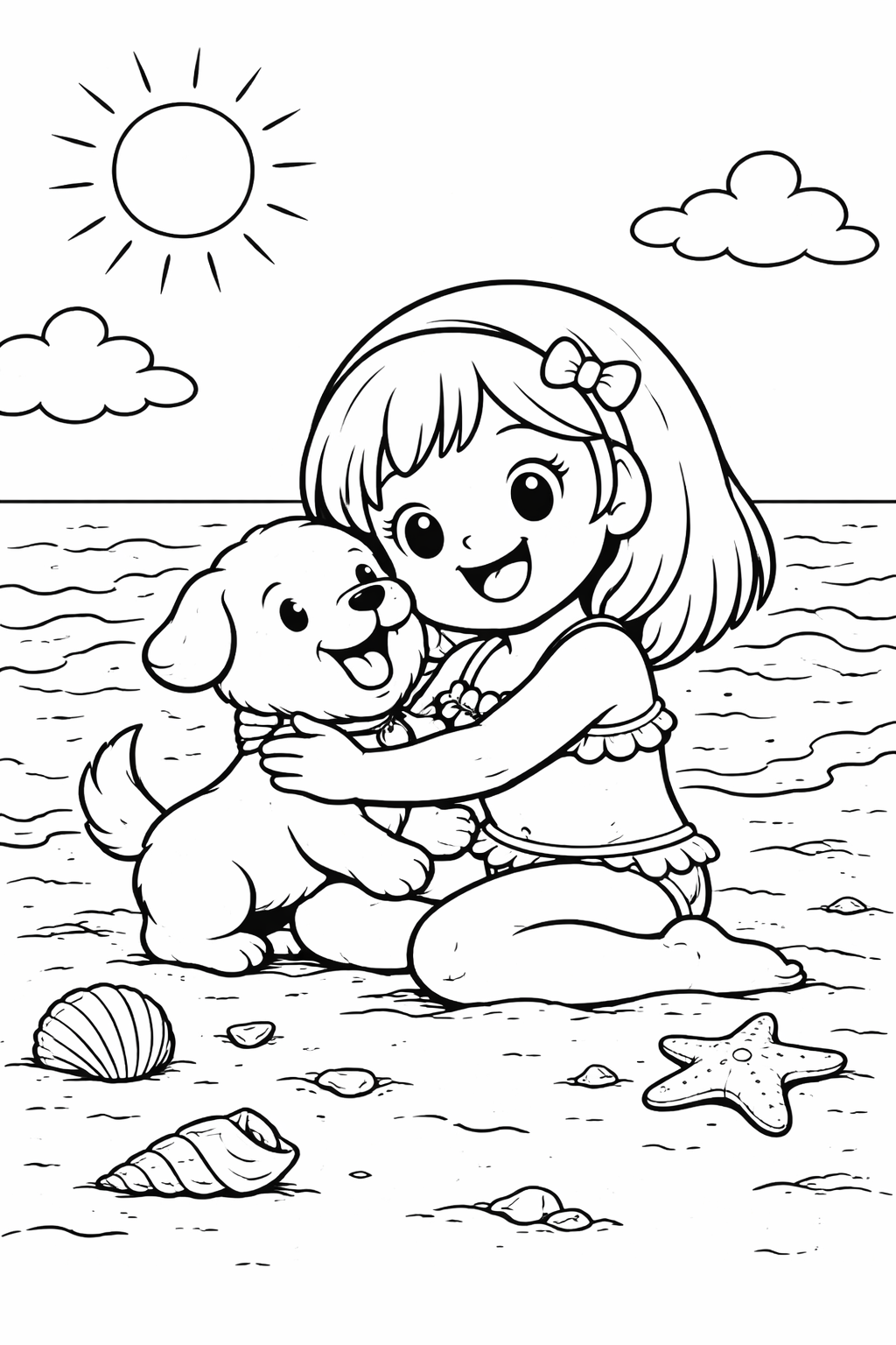 A young girl playing on the beach with a puppy under the sunny sky. Seashells and a starfish are scattered on the sand, creating a joyful summer scene.