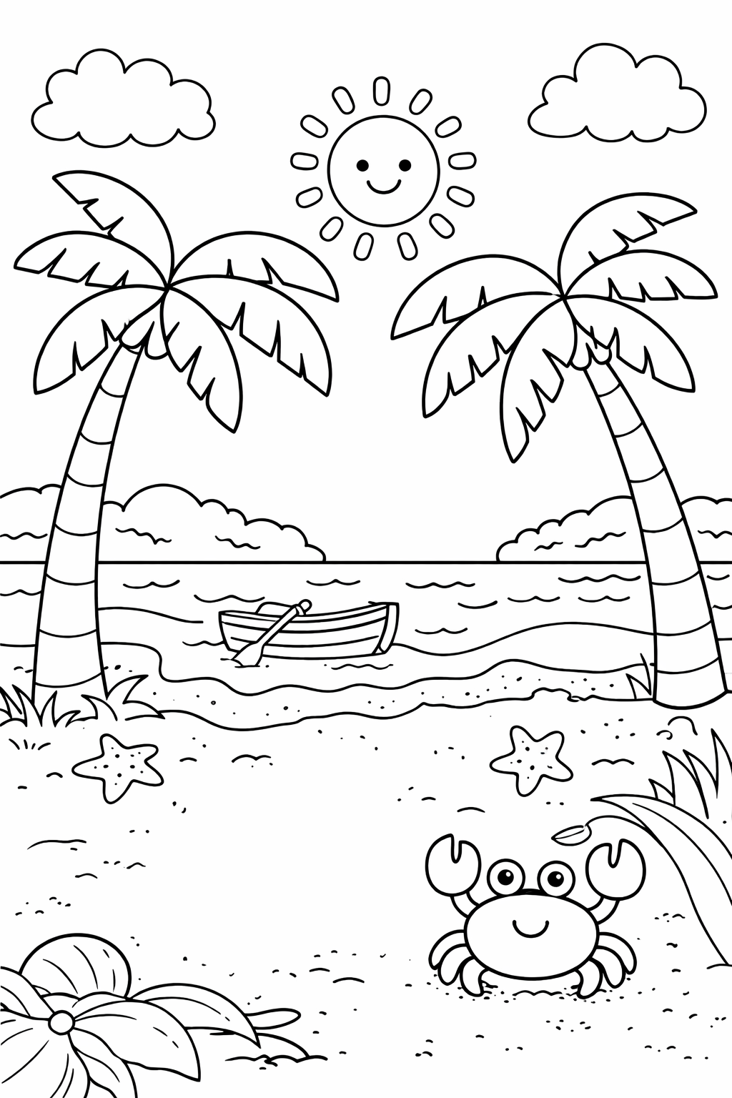 A lively beach scene with a smiling sun, two palm trees, a playful crab, and starfish on the sand. A small boat is floating in the gentle waves of the ocean, creating a fun and imaginative coloring page for children.