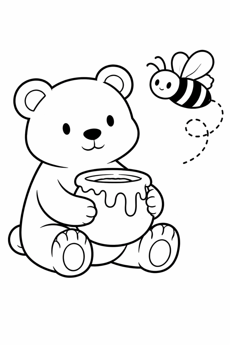 Coloring page showing a cute bear holding a honey pot with a bee flying nearby, inviting children to color and engage with this playful scene.