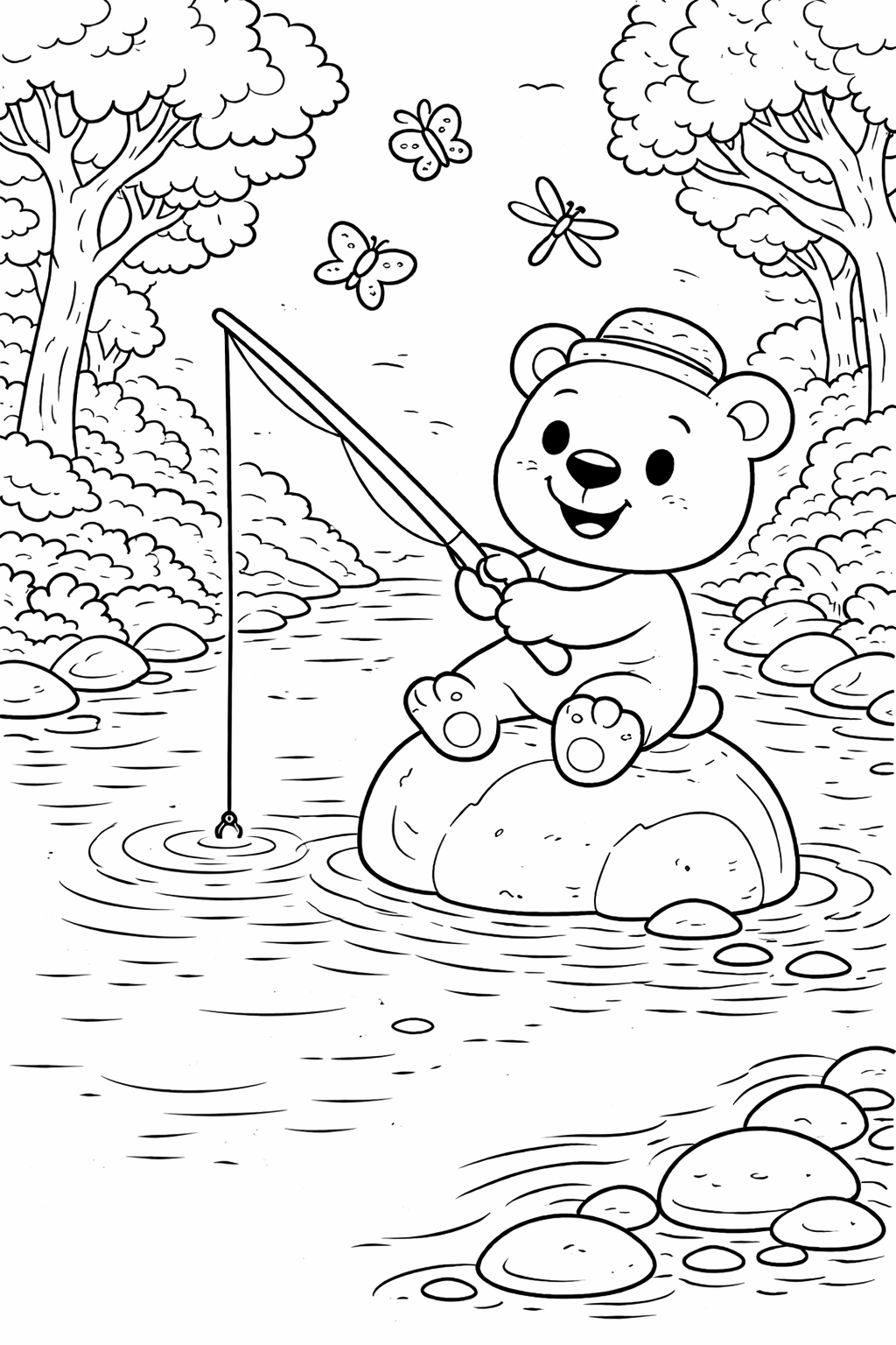 A cheerful bear fishing in a peaceful forest scene, highlighted by trees, butterflies, and a dragonfly, creating a delightful coloring experience for kids.