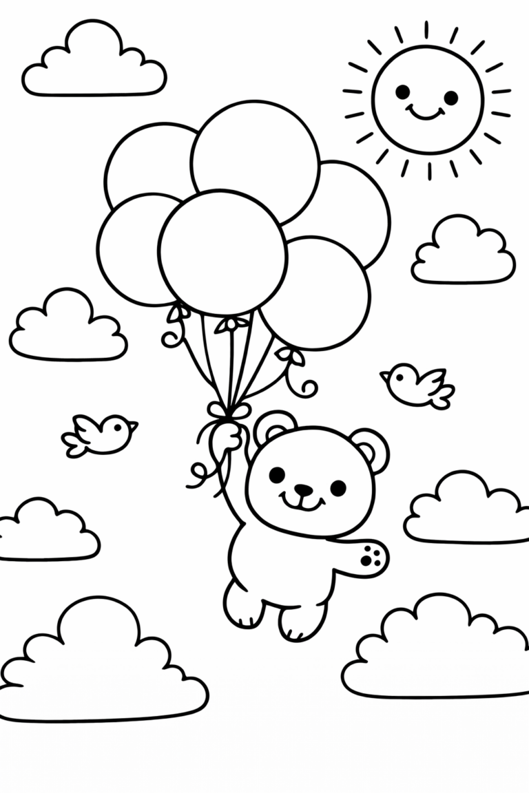 A happy bear is holding balloons and floating in the sky with fluffy clouds, a smiling sun, and flying birds, creating a playful scene for children to color.