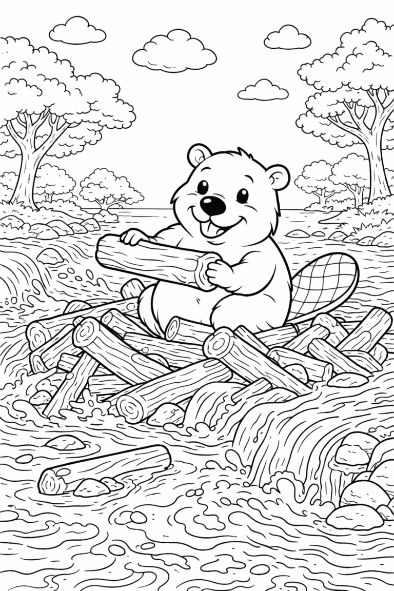 A charming scene of a beaver building a dam with logs in a flowing river, surrounded by trees. Perfect for a children's coloring activity.