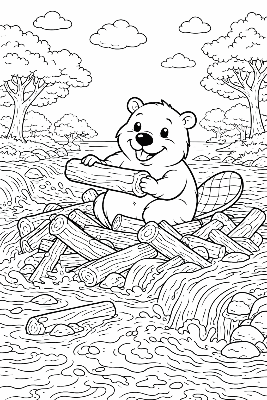 A charming scene of a beaver building a dam with logs in a flowing river, surrounded by trees. Perfect for a children's coloring activity.