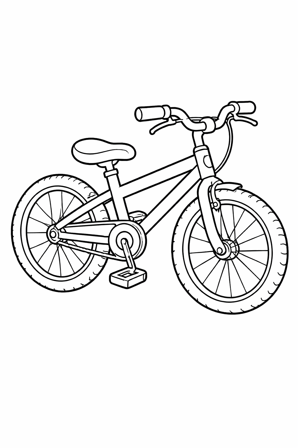 Coloring page featuring a bicycle with detailed outlines, including wheels, pedals, and handlebars. Ideal for children's creative coloring activities, allowing kids to explore colors while learning about bicycles.