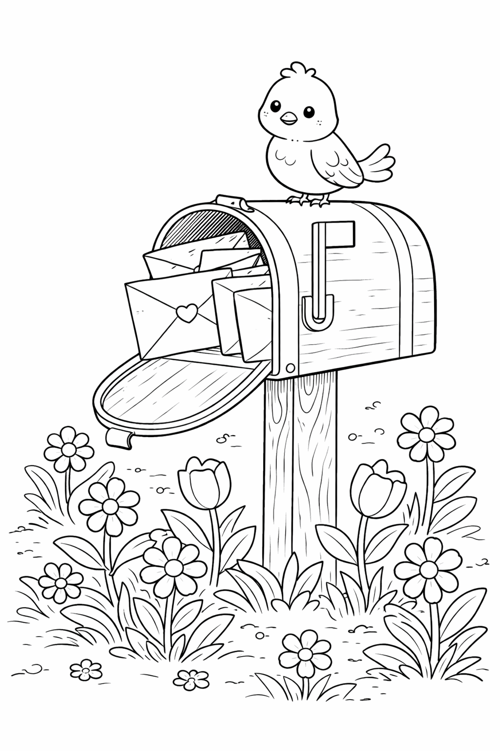 Coloring page of a cute bird on a mailbox filled with letters, nestled among diverse flowers. Ideal for children to color and enjoy, enhancing creativity and fine motor skills.
