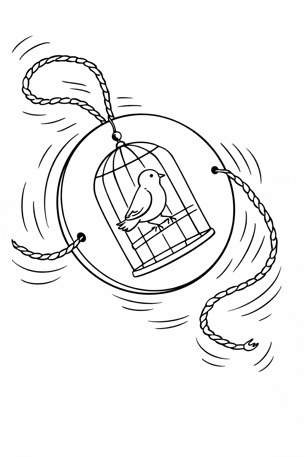 A bird is seen inside a cage that hangs with ropes. The illustration uses lines to show motion, inviting kids to color the bird and cage creatively. It's ideal for young artists to explore colors.