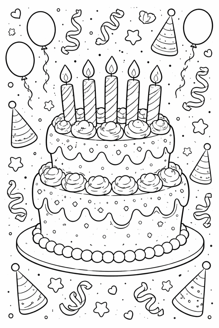 A coloring page displaying a two-tier birthday cake with candles. It includes decorative elements like balloons and party hats, perfect for a child's creative activity.