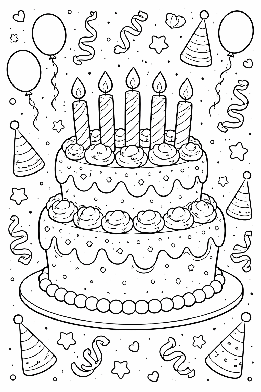 A coloring page displaying a two-tier birthday cake with candles. It includes decorative elements like balloons and party hats, perfect for a child's creative activity.