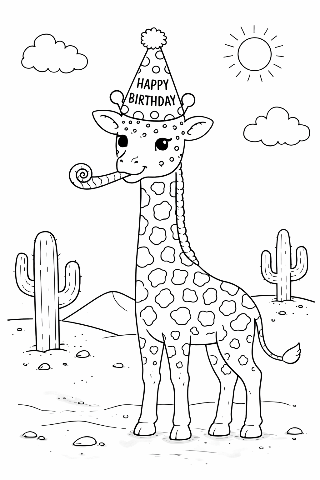 A cute giraffe wearing a birthday hat stands in a desert landscape with cacti, blowing a party horn. The sun is shining brightly in the sky with fluffy clouds, ready for children to color in vibrant hues.