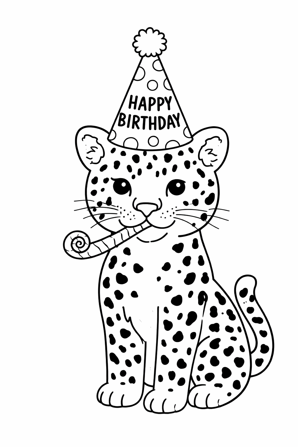 A cute leopard on a children's coloring page wears a party hat with 'Happy Birthday' written on it, and blows a party horn. The illustration invites kids to color a fun birthday celebration scene with a cheerful animal.