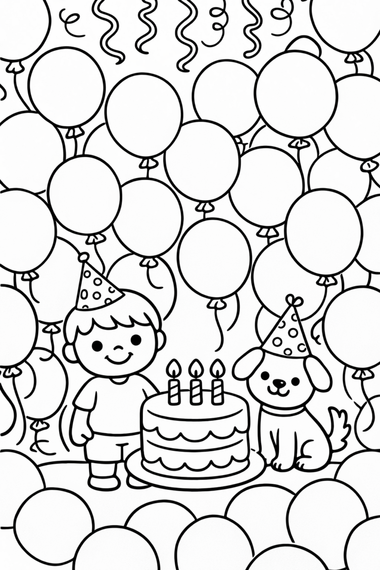 This coloring page shows a child and a dog at a birthday party. They are surrounded by balloons, and a big cake with three candles is visible. It's an engaging scene for kids to fill with colors and celebrate creativity.
