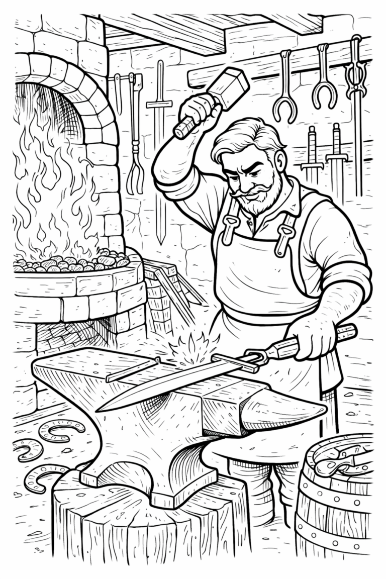 Detailed coloring page of a blacksmith in his forge, complete with an anvil, tools, and a blazing furnace, perfect for children to color and learn about traditional crafts.