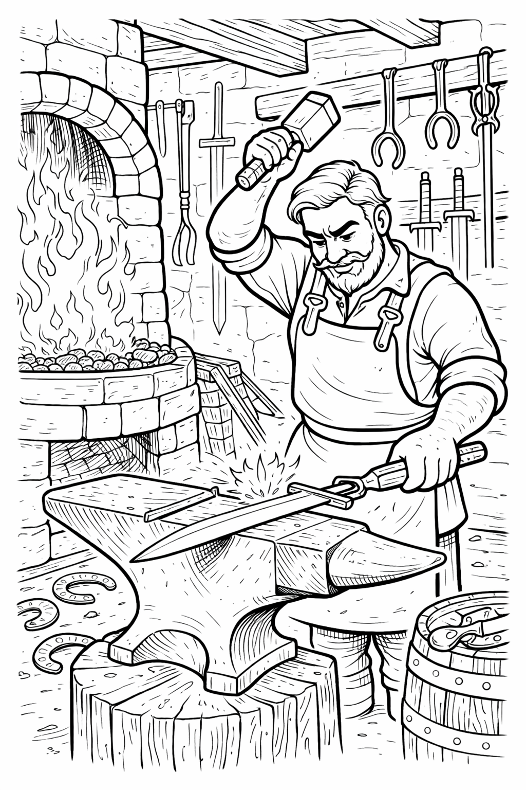 Detailed coloring page of a blacksmith in his forge, complete with an anvil, tools, and a blazing furnace, perfect for children to color and learn about traditional crafts.
