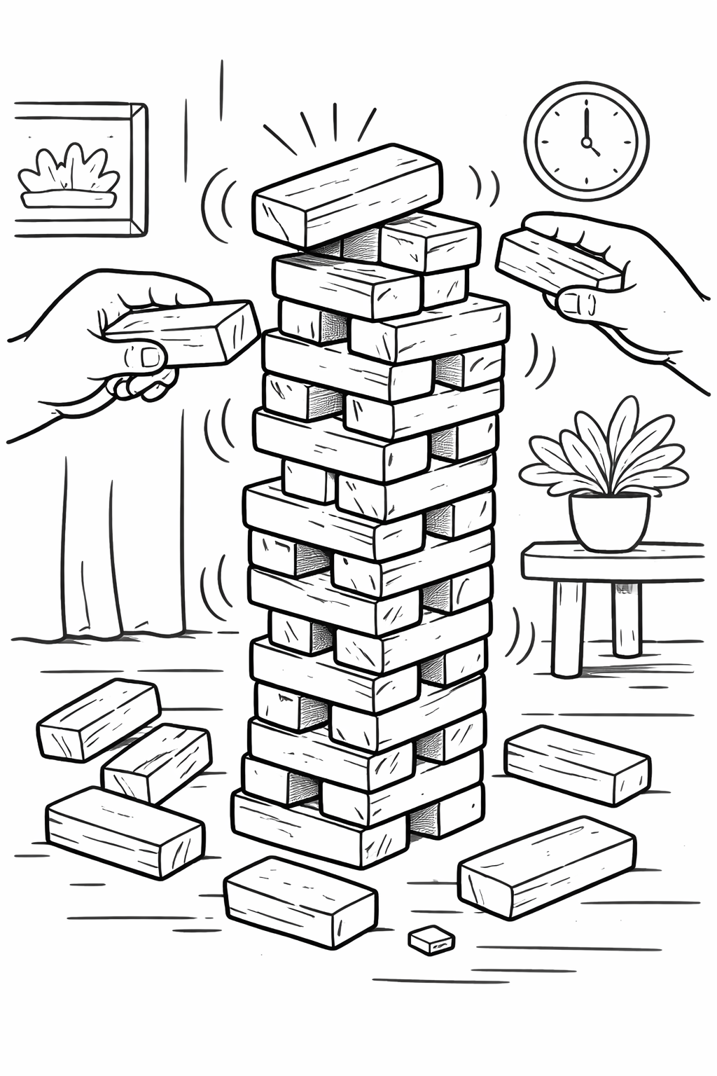Coloring page showing a block tower game with players removing blocks from a stack while trying to keep the tower steady, offering an engaging scene for kids to color.