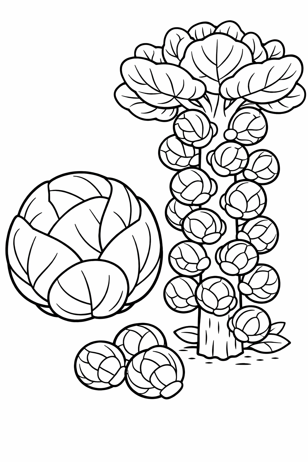 A detailed coloring page of a Brussels sprouts plant including the stalk with leaves and multiple sprouts. Kids can learn and have fun coloring each part of the plant.