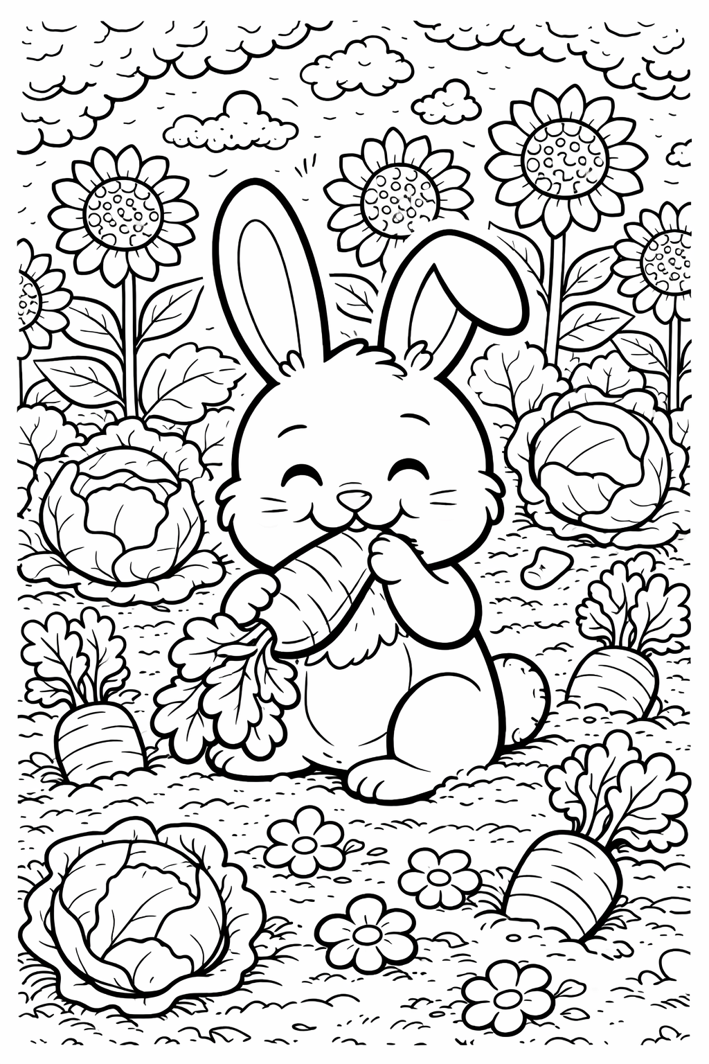 A fun coloring page with a bunny eating a carrot in a garden setting, surrounded by flowers and cabbages, designed for children to enjoy coloring.
