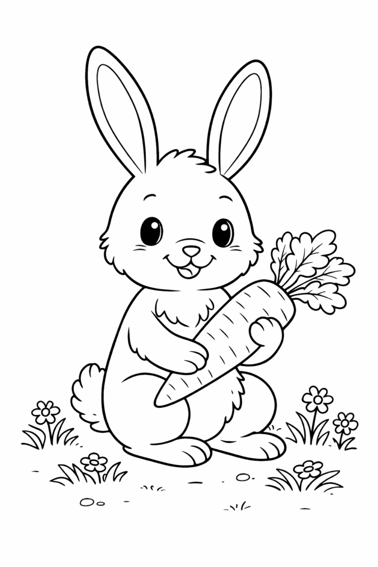 A cute bunny holding a large carrot, perfect for a children's coloring page. The scene is set in a grassy area with small flowers, making it ideal for young kids to practice their coloring skills.