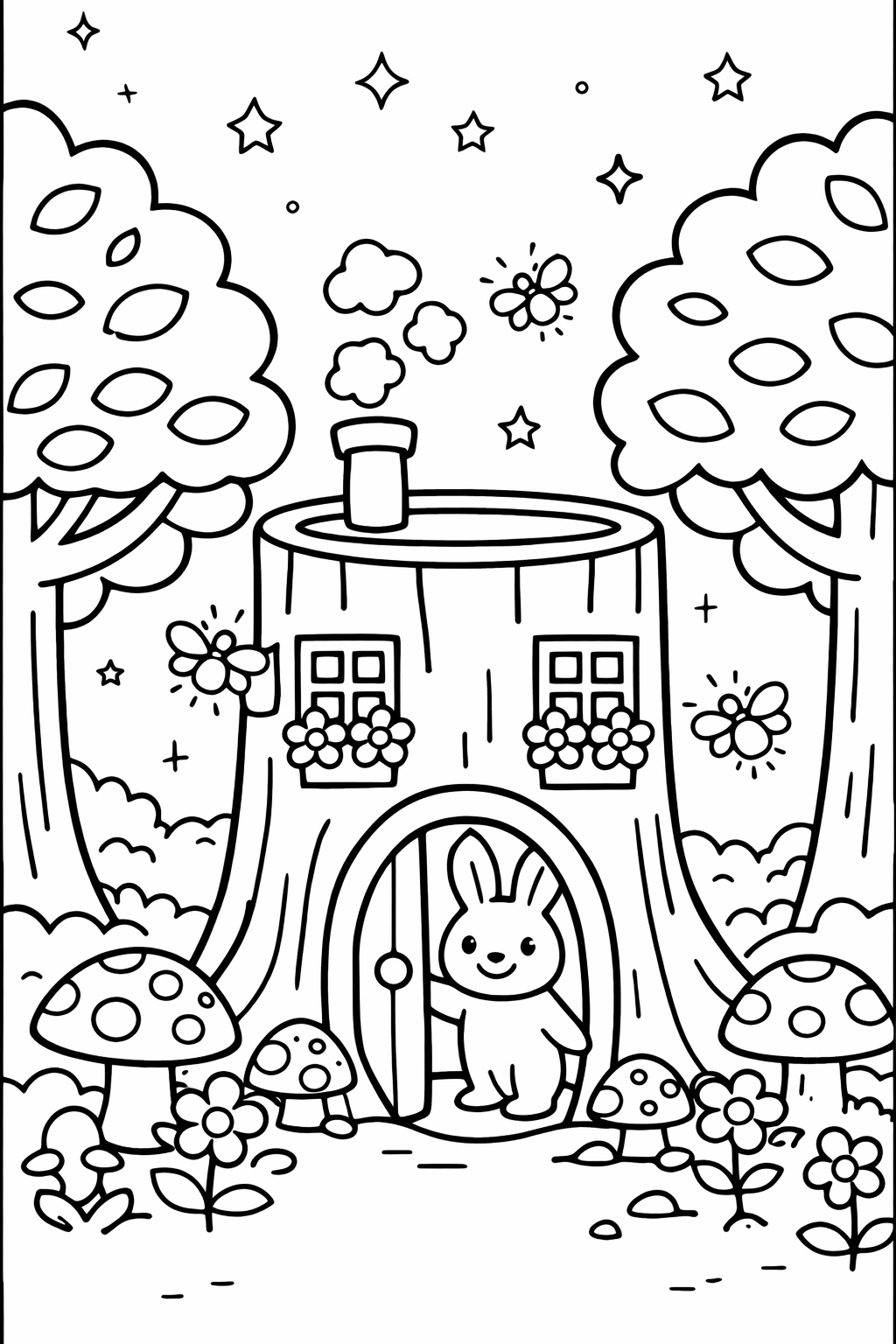 A whimsical scene with a bunny in a cozy treehouse, surrounded by mushrooms, flowers, bees, and a starry sky. Perfect for engaging children's creativity and imagination.
