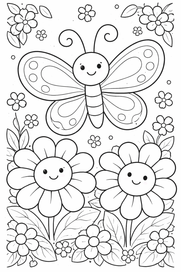 Charming coloring page of a smiling butterfly with large wings surrounded by cheerful flowers, encouraging creativity and fun for children.