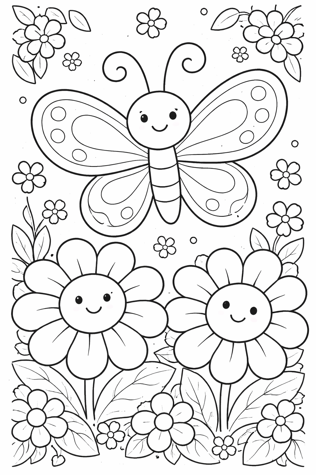 Charming coloring page of a smiling butterfly with large wings surrounded by cheerful flowers, encouraging creativity and fun for children.