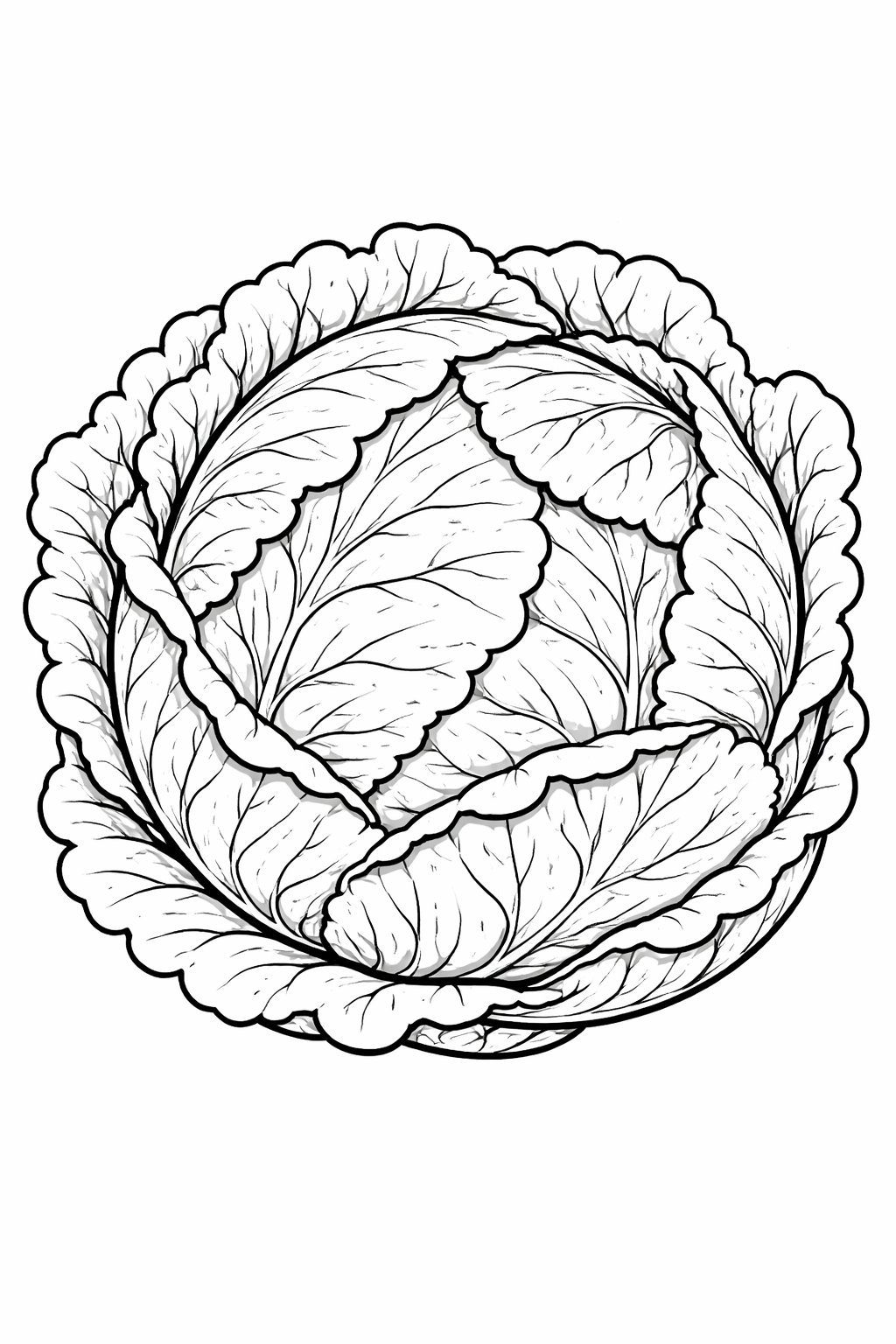 A detailed coloring page featuring a large cabbage with intricate leaves. Perfect for engaging kids in a fun activity that enhances creativity and skills. Ideal for young artists interested in botanical illustrations and exploring different color shades.