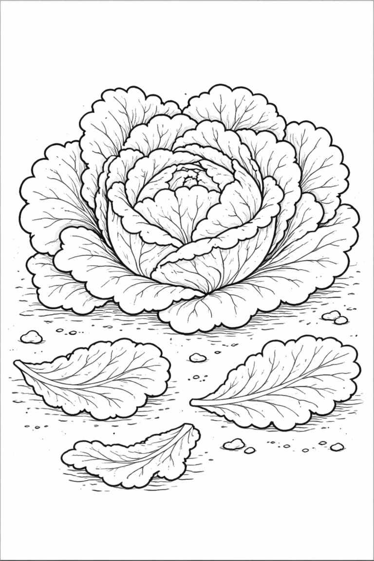 A detailed cabbage coloring page with a large cabbage and additional leaves. Perfect for kids to explore their creativity and enjoy coloring the intricate leaf patterns.