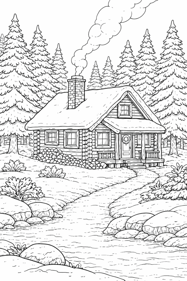 A detailed coloring page with a log cabin surrounded by tall trees in a serene forest setting. A flowing stream completes the peaceful landscape, offering children a delightful scene to color with vibrant hues.