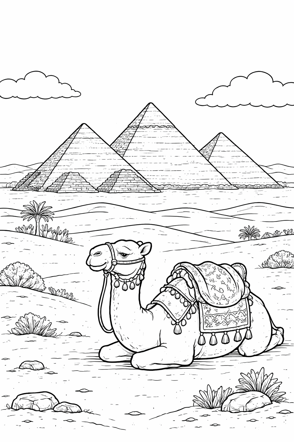 A detailed children's coloring page showing a camel sitting in front of famous pyramids in a desert. Includes a sandy landscape with rocks and plants, offering a cultural glimpse into desert life.