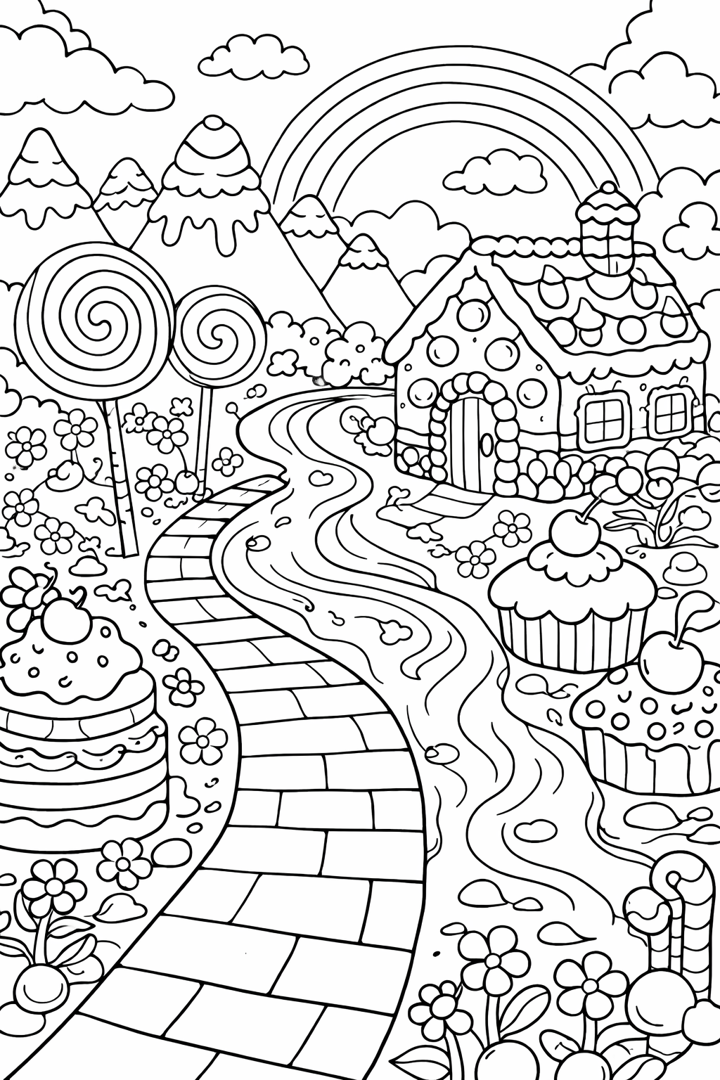 A delightful candy cottage surrounded by sweets like lollipops and cupcakes, with a rainbow and whimsical landscape, perfect for coloring.