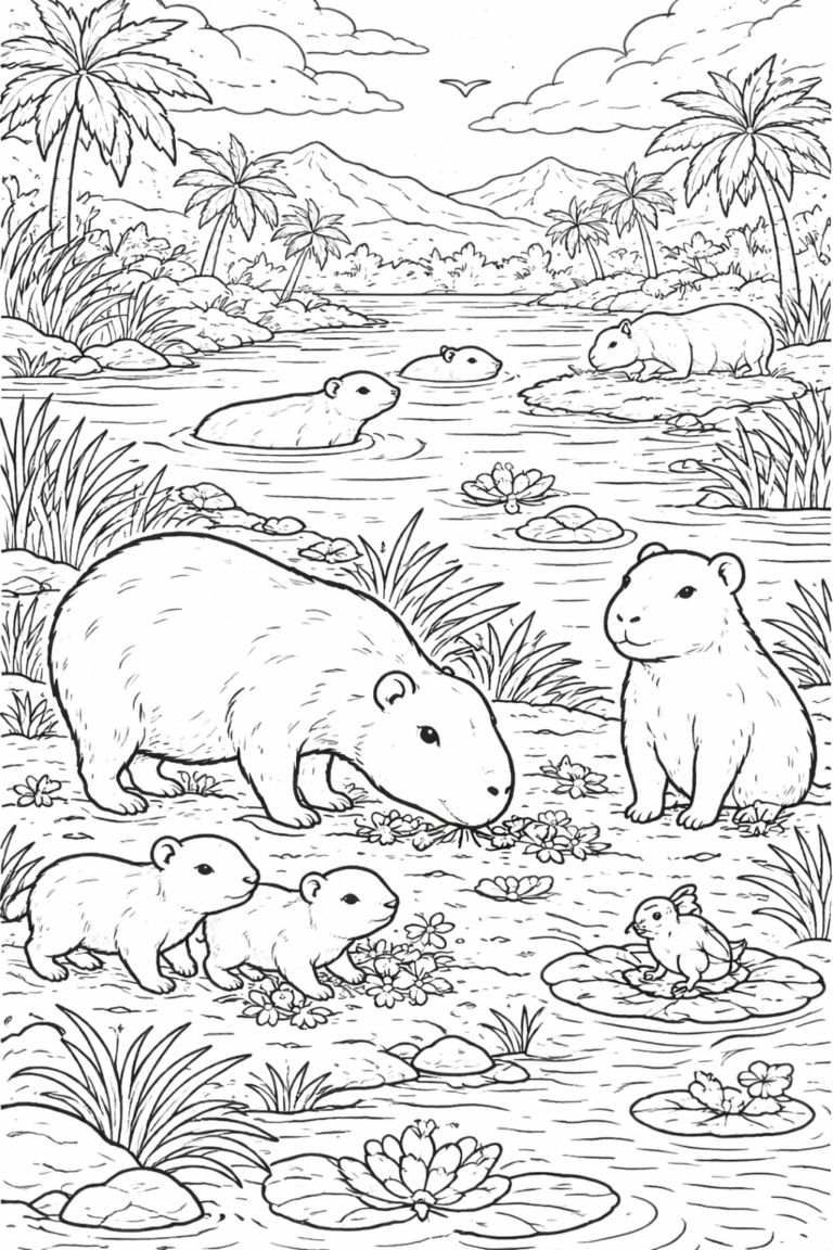 A detailed coloring page showing capybaras in a tropical landscape with palm trees, water lilies, and a peaceful river setting ideal for children.