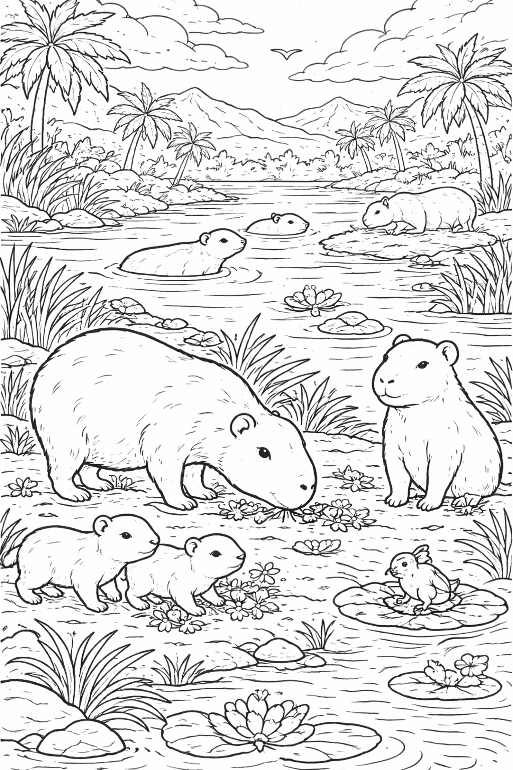 A detailed coloring page showing capybaras in a tropical landscape with palm trees, water lilies, and a peaceful river setting ideal for children.