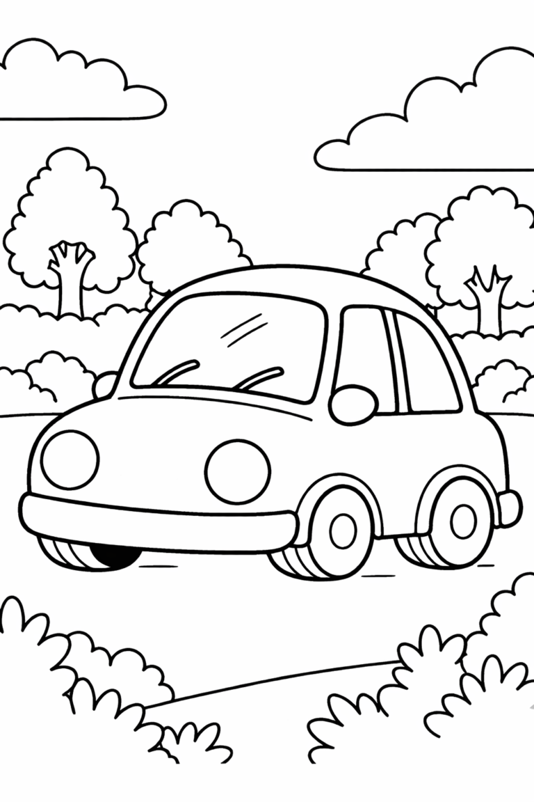 A delightful coloring page of a cute car amid trees and bushes, perfect for kids to color. The background includes clouds and a clear sky, providing a pleasant scene.