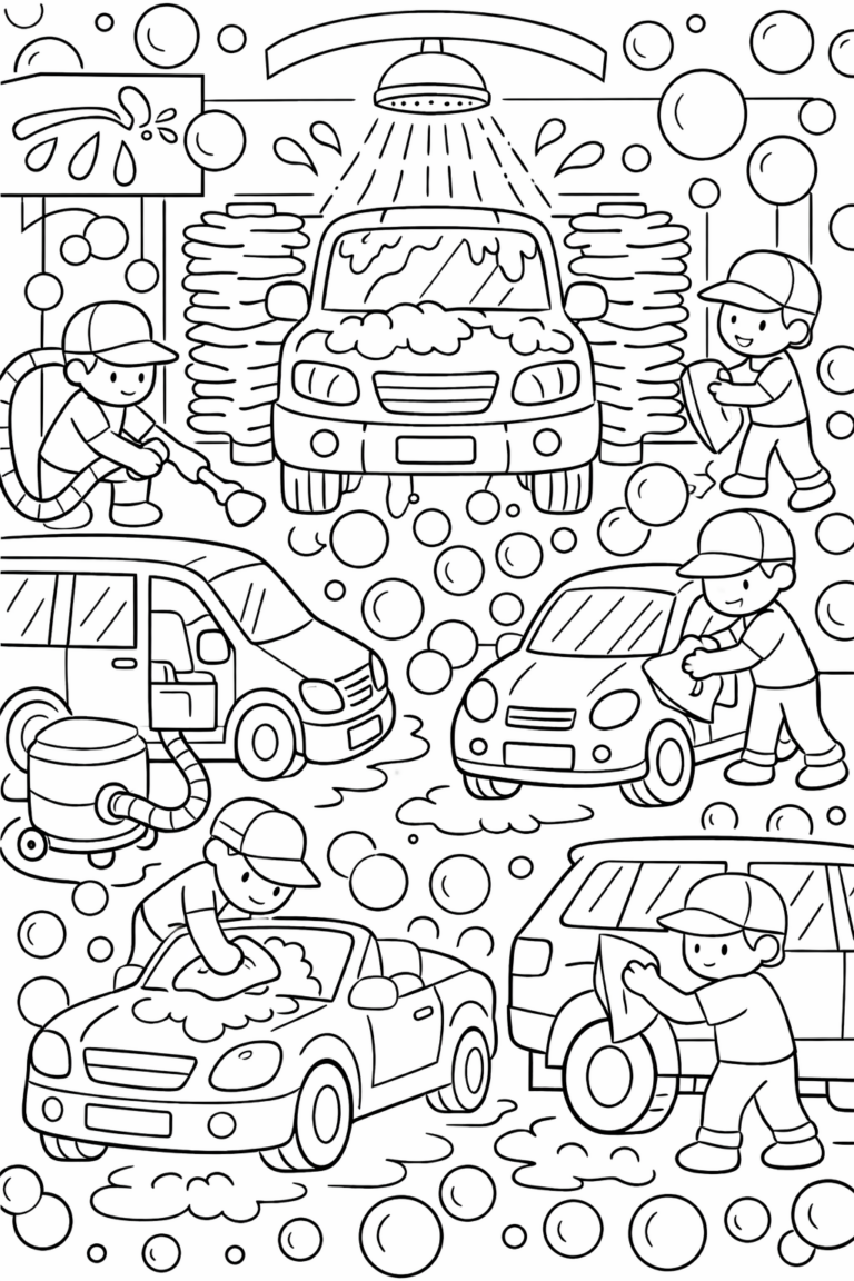 A busy car wash scene where children can color cars, bubbles, and cheerful workers cleaning. Multiple vehicles are being washed with soapsuds and tools, providing an exciting and interactive coloring experience.
