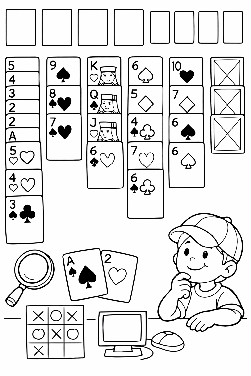 A coloring page showing a kid with card games. It includes cards, a computer, and a joyful expression, capturing the fun of indoor games.